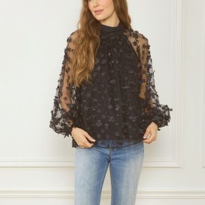 NEW black daisy floral appliqué organza bow blouse